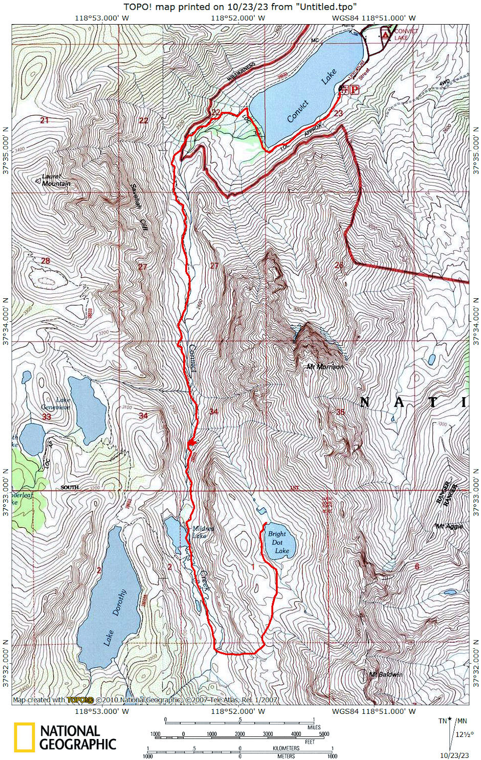 Route for thire Convict Creek backpack 1976 Route for thire Convict Creek backpack 1976