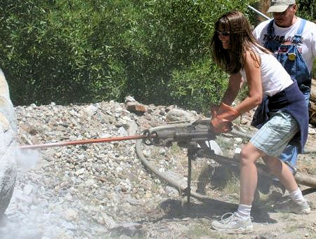 Pine Creek Mine - Pete instructing tour member Cat in use of Jack Leg drill