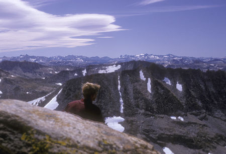 Saurian Crest, Craig Peak, Banner Peak, Mt. Ritter, Mt. Lyell from top of Forsyth Peak - Aug 1965