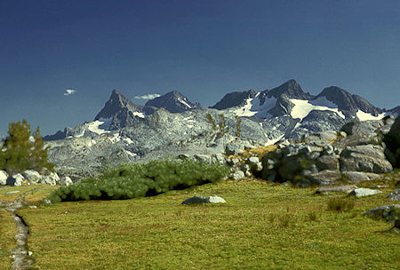 Banner Peak, Mt. Ritter, Mt. Davis in the Ritter Range from near Island Pass - Ansel Adams Wilderness - Aug 1966