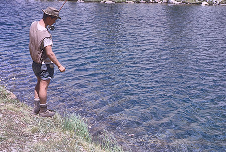 Clint Powell catching fish at Sallie Keyes Lakes - John Muir Wilderness 15 Aug 1962
