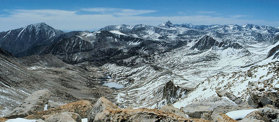 Chalfant Lakes, Mt. Tom, Mt. Humphreys (center) and Royce Lakes from top of Mount Julius Ceasar - John Muir Wilderness 12 Jun 1977