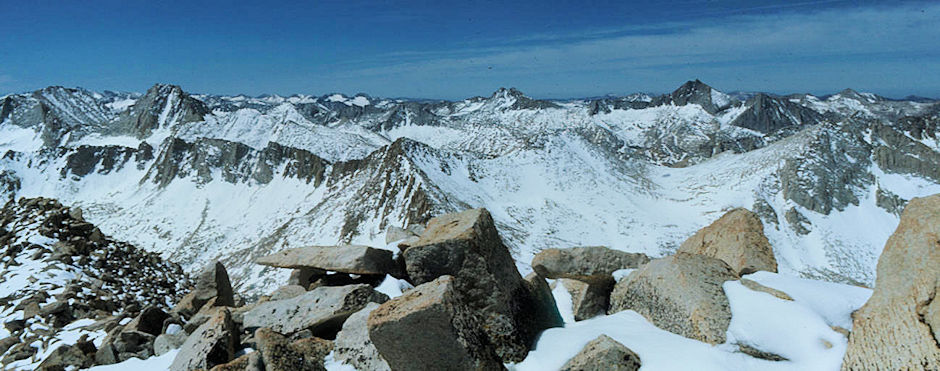 Royce Peak (left) and Gemini (center) and Seven Gables (right) from top of Mount Julius Ceasar - John Muir wilderness 12 Jun 1977 Royce Peak (left) and Gemini (center) and Seven Gables (right) from top of Mount Julius Ceasar - John Muir wilderness 12 Jun 1977