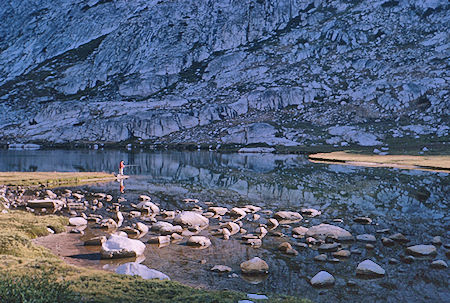 Bob Brooks early morning fishing in Evolution Lake<br>Kings Canyon National Park 25 Aug 1964