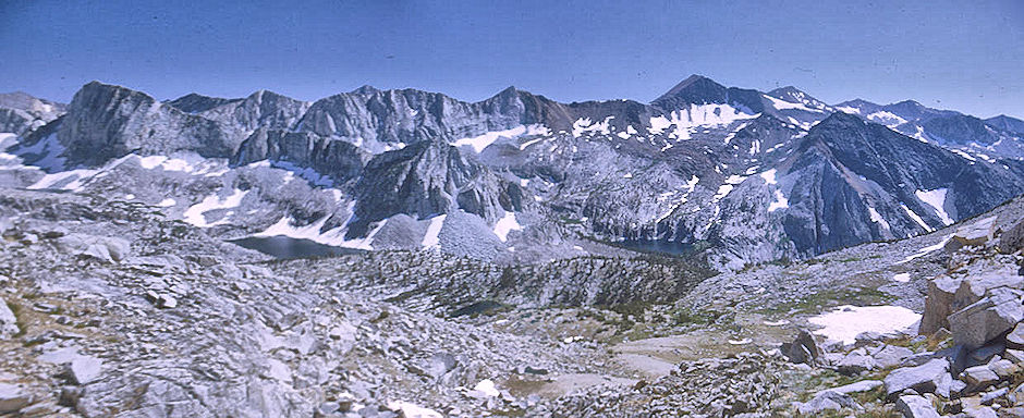 Marion Lake (right) and Cartridge Creek Lake Basin (left) from Dumbbell Pass<br>Kings Canyon National Park 27 Aug 1969