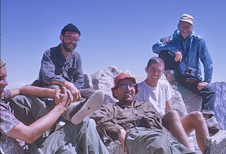 John Butler, Meldon Merrill, Don Deck, Mike Warren, Bill Paine on top of Mt. Brewer - Kings Canyon National Park 27 Aug 1963 John Butler, Meldon Merrill, Don Deck, Mike Warren, Bill Paine on top of Mt. Brewer - Kings Canyon National Park 27 Aug 1963
