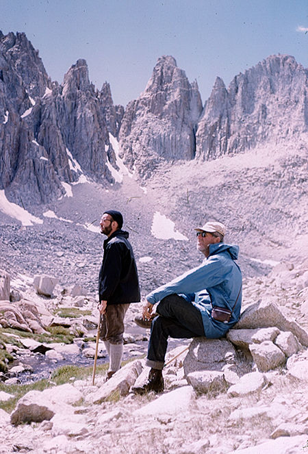 Ericsson Crags from Harrison Pass trail, Meldon Merrill, Bill Paine - Kings Canyon National Park - 29 Aug 1963 Ericsson Crags from Harrison Pass trail, Meldon Merrill, Bill Paine - Kings Canyon National Park - 29 Aug 1963