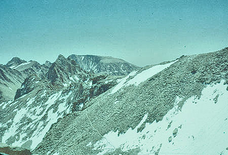 Pointy Mt. McAdie (left center), Mt. Langley (center rear), Trail Crest and trail down east side from Mount Whitney Trail - 24 Jul 1957 Pointy Mt. McAdie (left center), Mt. Langley (center rear), Trail Crest and trail down east side from Mount Whitney Trail - 24 Jul 1957