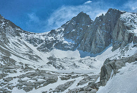 Arc Pass, Mt. McAdie, frozen Consultaion Lake from Mount Whitney Trail - 30 Apr 1977