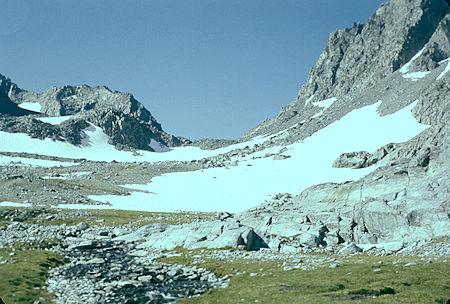 Route below the pass from Lake Catherine between Banner Peak/Mt. Ritter and Mt. Davis - Ansel Adams Wilderness - Aug 1958