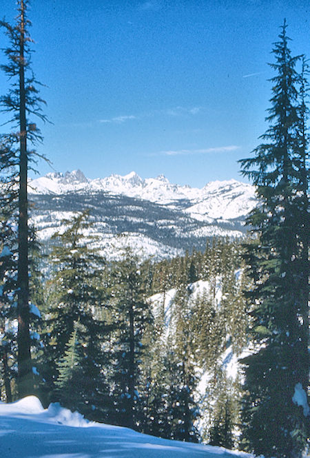 Minarets, Mt. Ritter, Banner Peak looking up from San Jouquin River - Devil's Postpile area 18 Feb 1973