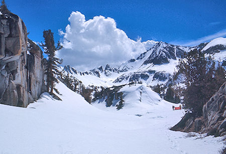 Hopkins Pass, McGee Creek, Red & White Mountain at camp - John Muir Wilderness 15 May 1971