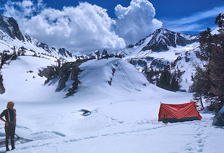 Roger Getz, Hopkins Pass, McGee Creek, Red & White Mountain at camp - John Muir Wilderness 15 May 1971