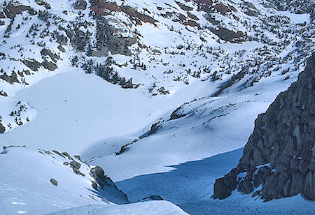 Looking back on frozen  Big McGee Lake - John Muir Wilderness 16 May 1971