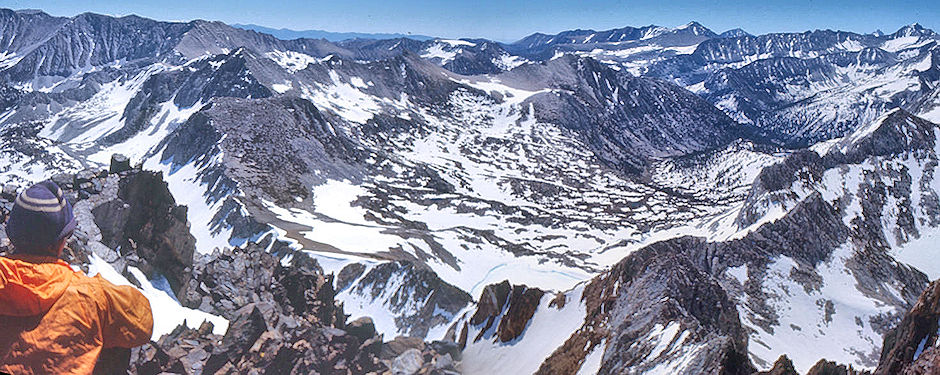 Southeast over Hopkins Pass (bottom center), Mt. Crocker (left), Hopkins Basin and Recesses (right) from Red & White Mountain - John Muir Wilderness 20 Jun 1971 Southeast over Hopkins Pass (bottom center), Mt. Crocker (left), Hopkins Basin and Recesses (right) from Red & White Mountain - John Muir Wilderness 20 Jun 1971