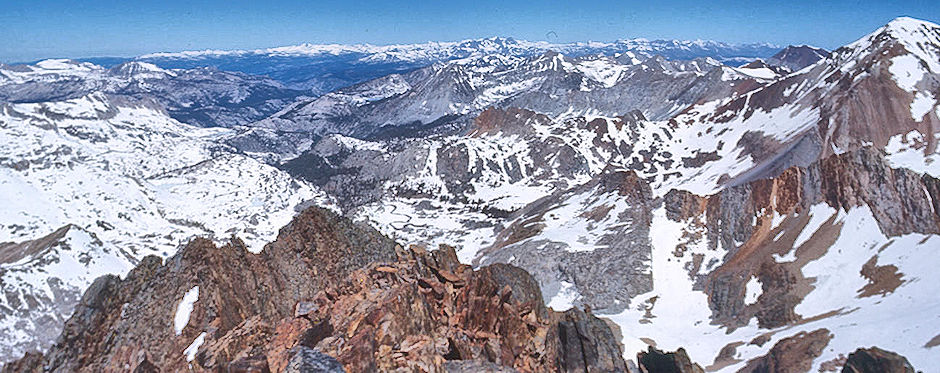 Mt. Crocker (right), view toward Cascade Valley, Fish Creek and on skyline Banner Peak, Mt. Ritter, Mt. Conness from Red & White Mountain - John Muir Wilderness 20 Jun 1971 Mt. Crocker (right), view toward Cascade Valley, Fish Creek and on skyline Banner Peak, Mt. Ritter, Mt. Conness from Red & White Mountain - John Muir Wilderness 20 Jun 1971
