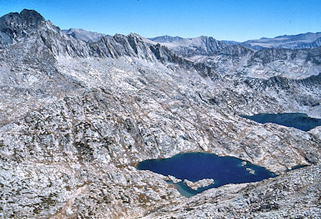 Red and White Mountain, Bighorn and Rosy Finch Lakes from Mt. Isaak Walton<br>John Muir Wilderness 29 Aug 1976 Red and White Mountain, Bighorn and Rosy Finch Lakes from Mt. Isaak Walton<br>John Muir Wilderness 29 Aug 1976