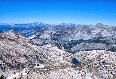 Bammer Peak and Mt. Ritter (skyline), Izaak Walton Lake from Mt. Izaak Walton - John Muir Wilderness 30 Aug 1976