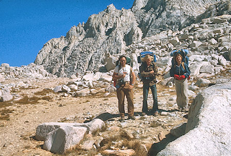 Stan Haye, Randy Stevenson, Lisa Sternberg on Gabbot Pass<br>John Muir Wilderness 03 Sep 1976 Stan Haye, Randy Stevenson, Lisa Sternberg on Gabbot Pass<br>John Muir Wilderness 03 Sep 1976