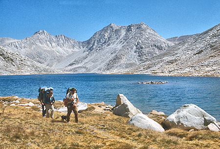 Bear Creek Sphire, Mt. Julius Caesar over Lake Italy, Randy Stevenson, Lisa Sternberg, Stan Haye<br>John Muir Wilderness 03 Sep 1976 Bear Creek Sphire, Mt. Julius Caesar over Lake Italy, Randy Stevenson, Lisa Sternberg, Stan Haye<br>John Muir Wilderness 03 Sep 1976