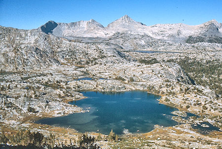 Sandpiper Lake, Marie Lake, Mt. Hooper from route up Seven Gables - John Muir Wilderness 07 Sep 1976