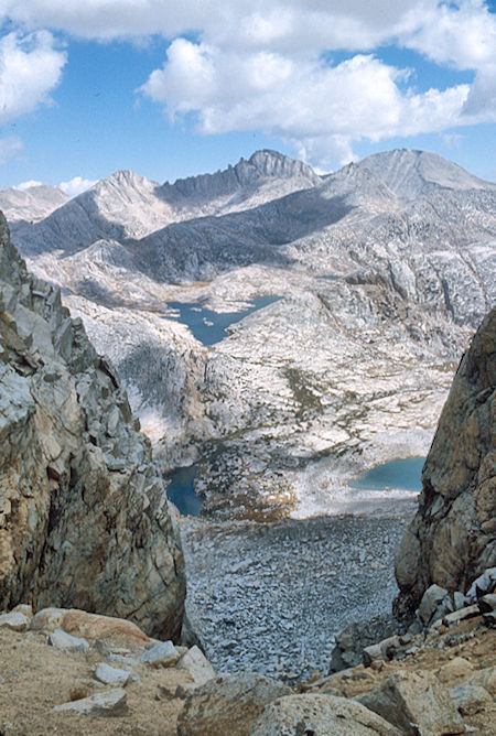 Gable Lakes, Vee Lake, Royce Peak from Seven Gables saddle - John Muir Wilderness 07 Sep 1976