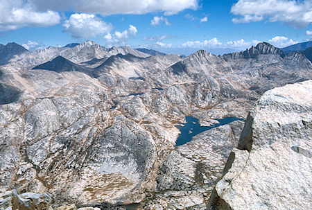 Bear Lakes (upper left), Vee Lake (lower right) from Seven Gables summit - John Muir Wilderness 07 Sep 1976