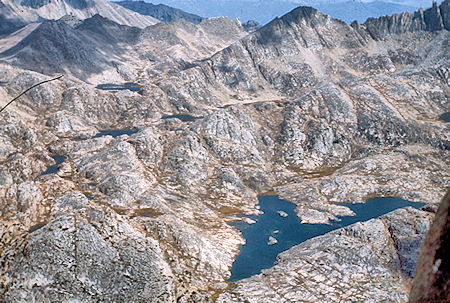 Bear Lakes (upper left), Vee Lake (lower right) from Seven Gables summit - John Muir Wilderness 07 Sep 1976