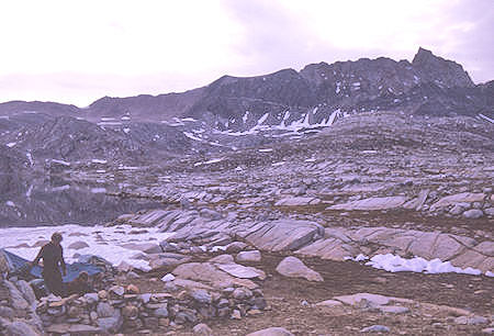 Desolation Lake camp and Mt. Humphreys early on cloudy morning - 4 Jul 1970