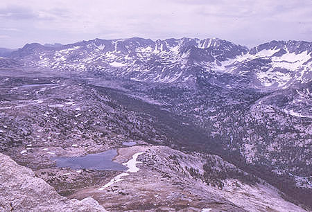 Knob Lake, Piute Canyon, Piute Pass (upper left), Glacier Divide from top of Pilot Knob - 4 Jul 1970