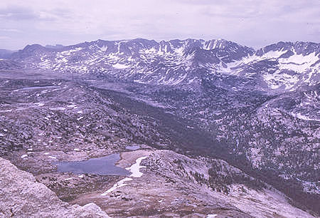 Knob Lake, Piute Canyon, Piute Pass (upper left), Glacier Divide from top of Pilot Knob - 4 Jul 1970 Knob Lake, Piute Canyon, Piute Pass (upper left), Glacier Divide from top of Pilot Knob - 4 Jul 1970