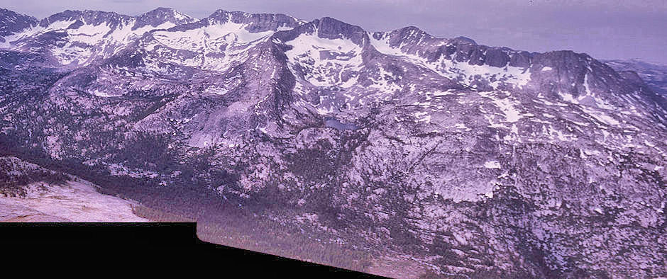 Packsaddle Lake, Lobe Lakes, Honey Moon Lakes, Glacier Divide across Piute valley<br>from top of Pilot Knob - 4 Jul 1970