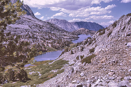 Looking back at Long Lake on way to Bishop Pass from South lake - John Muir Wilderness 22 Aug 1970