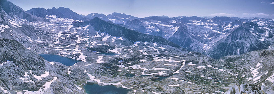 Barrett Lakes (Palisade Basin), Potluck Pass (left), view toward Amphitheatre Lake left of Mt. Shakespere (right) from Columbine Peak Kings Canyon National Park 24 Aug 1969