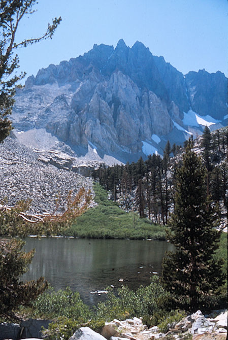 Split Mountain - John Muir Wilderness - Split Mountain over lower Red Lake 1975 Split Mountain - John Muir Wilderness - Split Mountain over lower Red Lake 1975