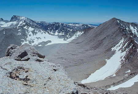 Mt. Whitney (left), Mt. Barnard (right) from top of Trojan Peak - Jul 1971
