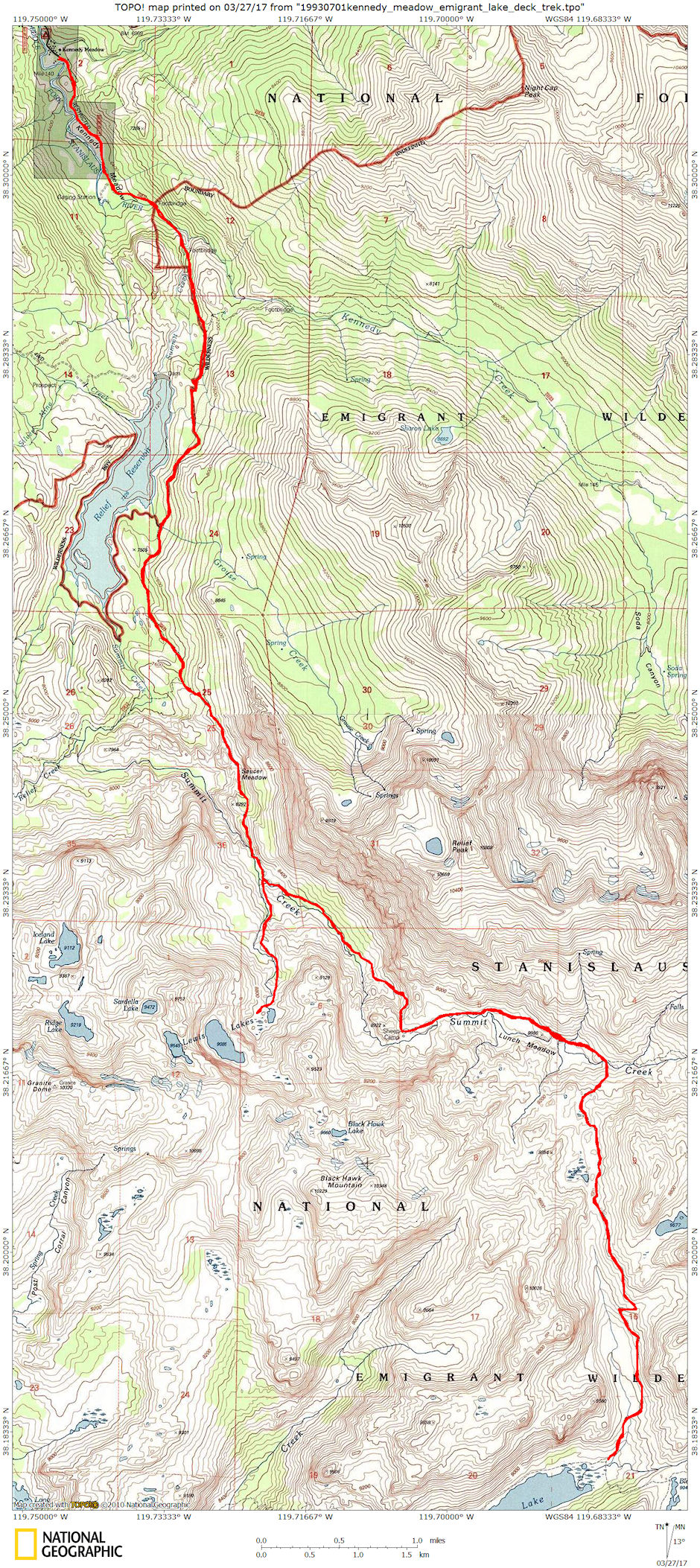 Route map for backpack trip over July 4, 1993 extended weekend