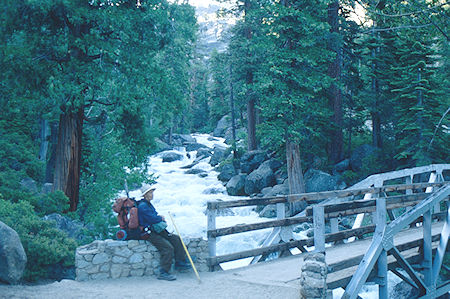 Gil Beilke at first bridge over Stanislaus River - Emigrant Wilderness 1993 Gil Beilke at first bridge over Stanislaus River - Emigrant Wilderness 1993