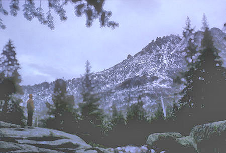 Crown Lake Trail camp in snow - Hoover Wilderness - 31 Aug 1964