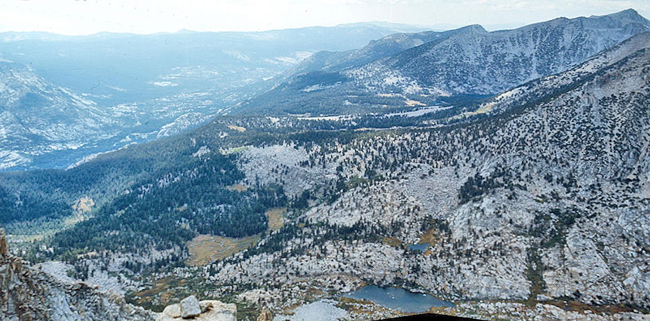 Blaney Meadows, San Jouquin River, Senger Creek (bottom), Sallie Keyes Lakes area, Mt. Hooper (top right) from Turret Peak - John Muir Wilderness 08 Sep 1976