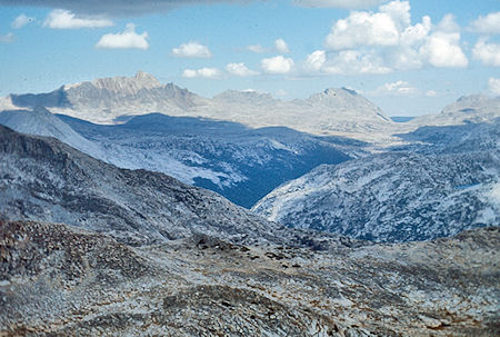 Mt. Humphrey, Mt. Emerson, Piute Pass, Piute Creek Canyon from Turret Peak - John Muir Wilderness 08 Sep 1976