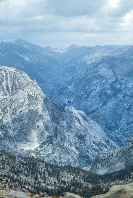 Pavillion Dome (foreground), Mt. Goddard (left skyline), Mt. Reinstein (center skyline), Goddard Canyon from Turret Peak - John Muir Wilderness 08 Sep 1976