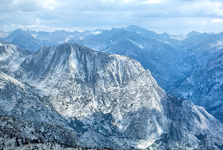 Pavillion Dome (foreground), Mt. Goddard (right skyline) and Goddard Canyon from Turret Peak<br>John Muir Wilderness 08 Sep 1976 Pavillion Dome (foreground), Mt. Goddard (right skyline) and Goddard Canyon from Turret Peak<br>John Muir Wilderness 08 Sep 1976