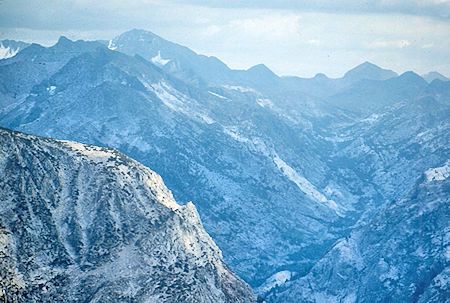 Pavillion Dome (foreground), Mt. Goddard (left skyline), Mt. Reinstein (right Skyline), Goddard Canyon from Turret Peak - John Muir Wilderness 08 Sep 1976