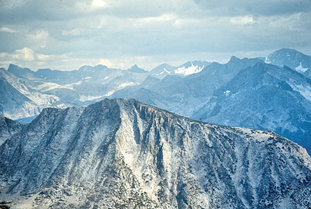 Pavillion Dome (foreground), Black Giant (skyline) and Mt. Goddard (right skyline) from Turret Peak - John Muir Wilderness 08 Sep 1976