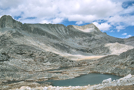 The Pinnacles (left) and Gemini (right), East Pinnacles Creek, Jawbone Lake - John Muir Wilderness 9 Sep 1976