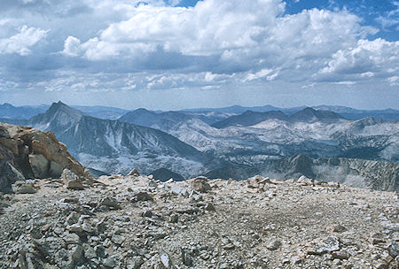 Seven Gables, Selden Pass, Mt. Hooper, Mariie Lake, Rose Lake from top of Mt. Hilgard - John Muir Wilderness 04 Sep 1976