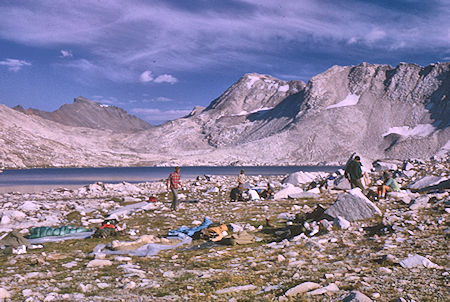 Camp at Wanda Lake, Muir Pass beyond lake<br>Kings Canyon National Park 25 Aug 1964