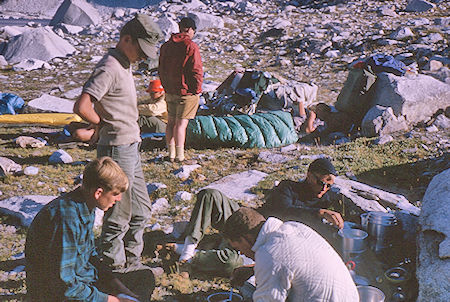 Camp at Wanda Lake, Muir Pass beyond lake<br>Kings Canyon National Park 25 Aug 1964