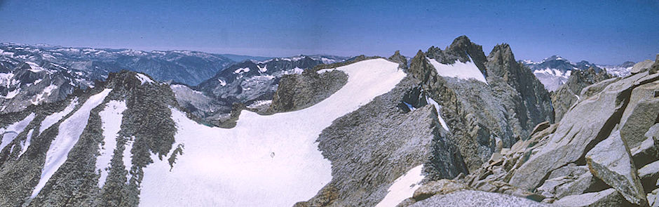 View west from Mount Sill, Polemonium Peak (left), North Palisade (right) - Kings Canyon National Park 25 Aug 1969